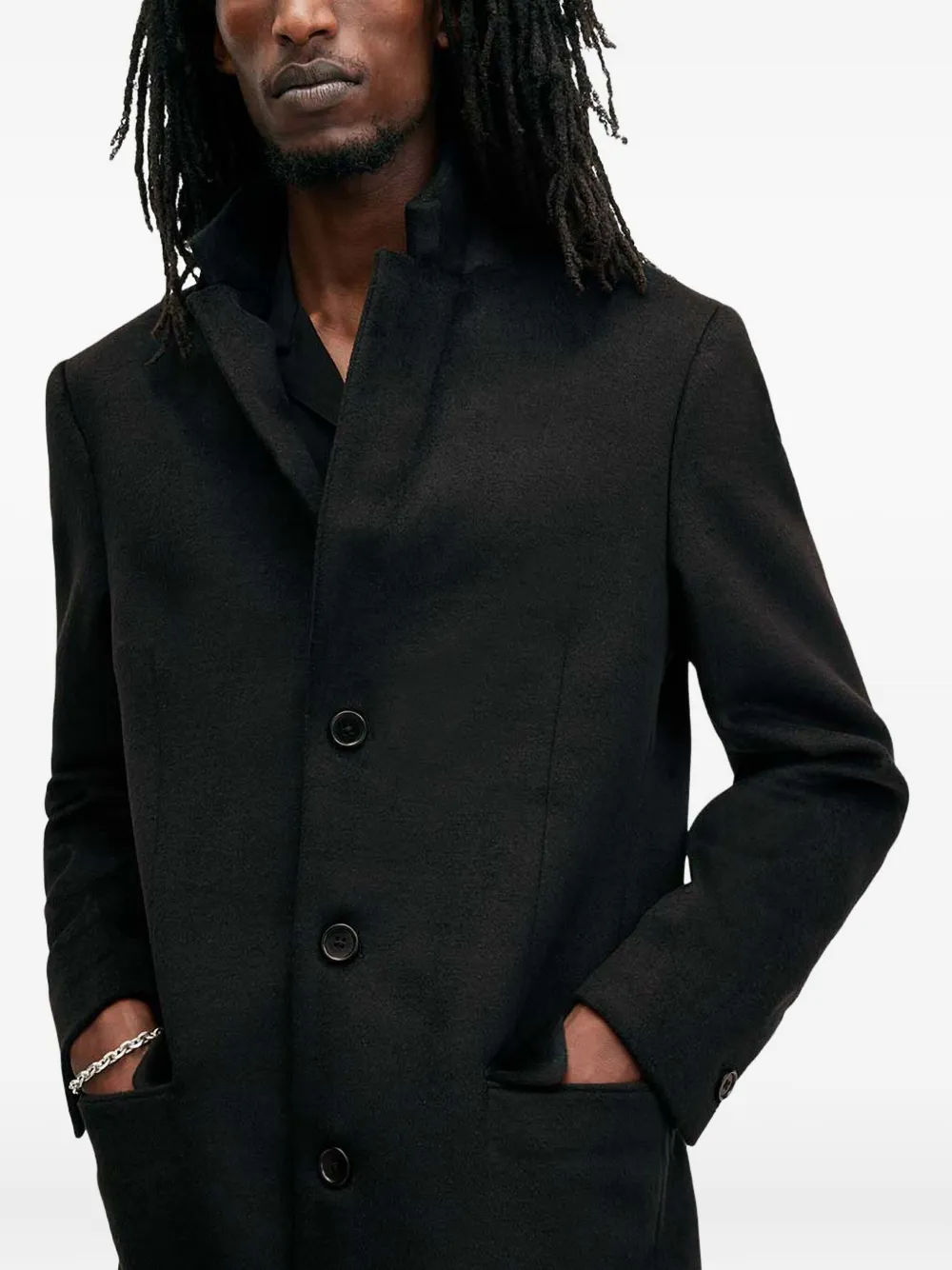 Allsaints Hal Button-fastening Coat In Black