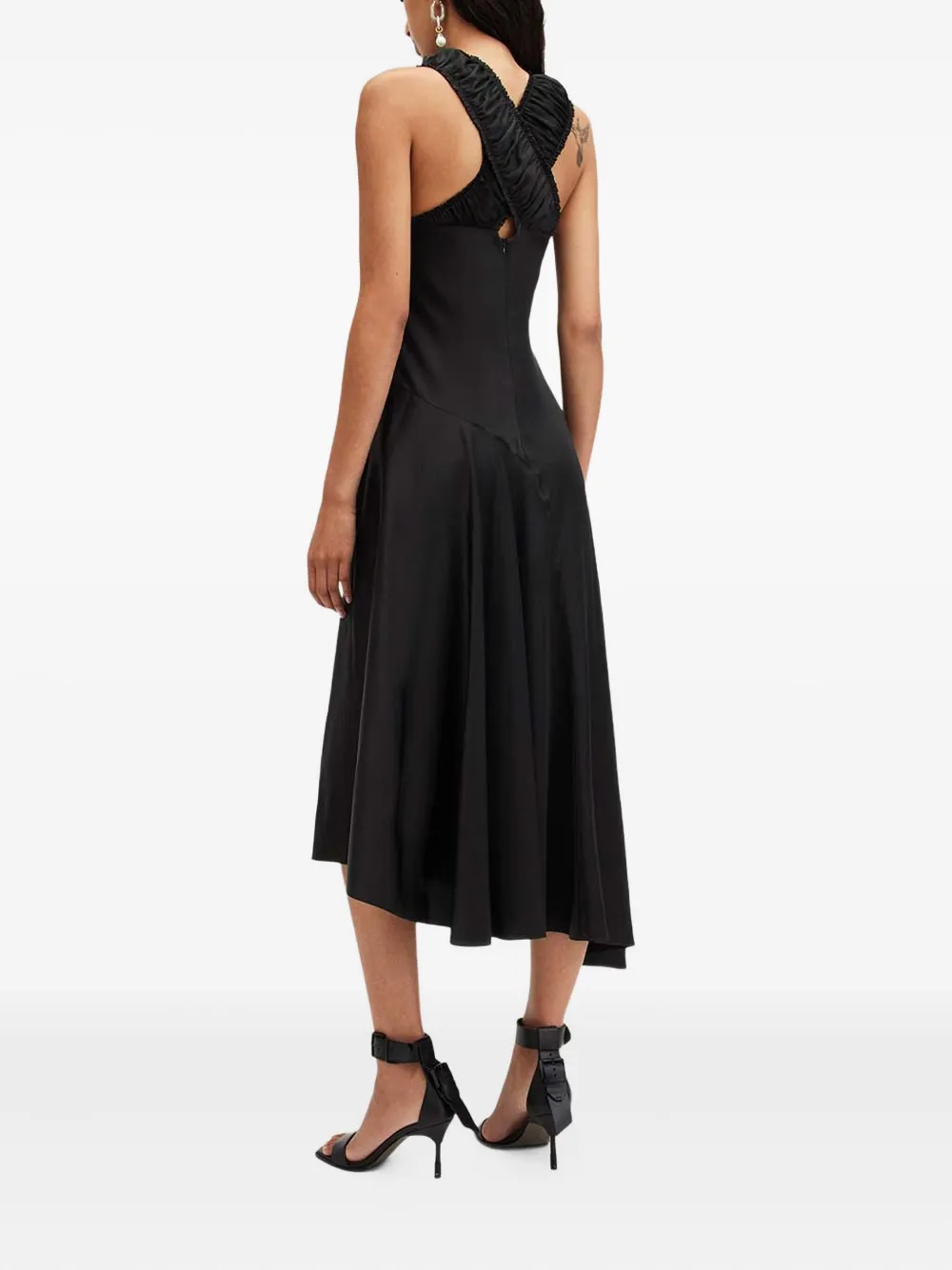 AllSaints Mahree jurk met gekruiste rug en ruches Zwart