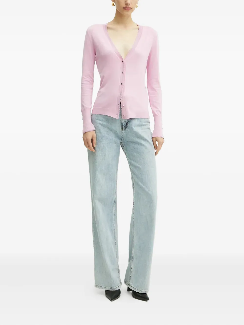 Liu •jo Scalloped-trim Button-fastening Cardigan In Pink