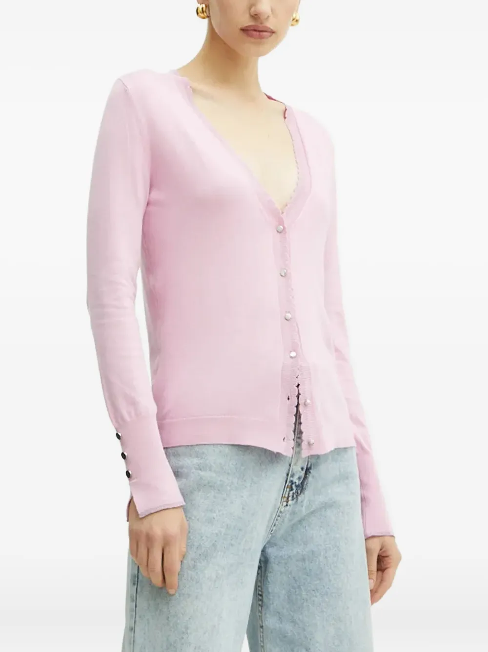 Liu •jo Scalloped-trim Button-fastening Cardigan In Pink