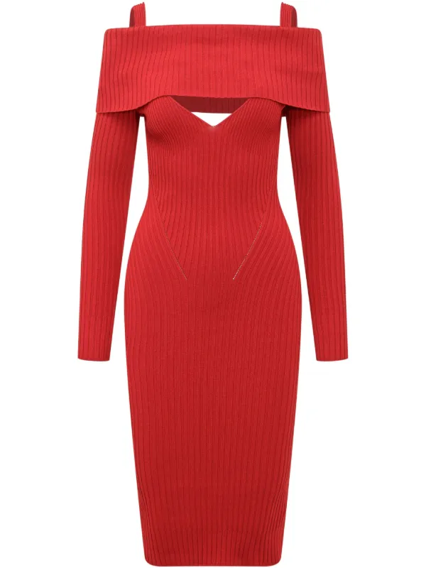 andreadamo ribbed knit midi dress Andreadamo Ribbed Knit Velvet Midi Dress With Cut Out in Nude