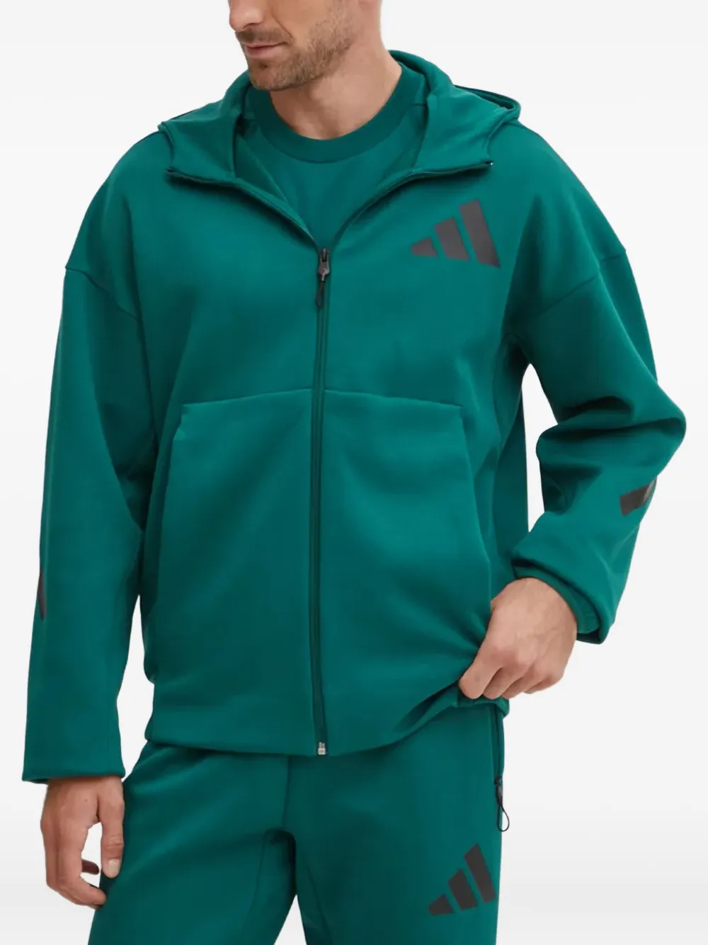 adidas logo-detail zip-up hoodie | Green | Image 1