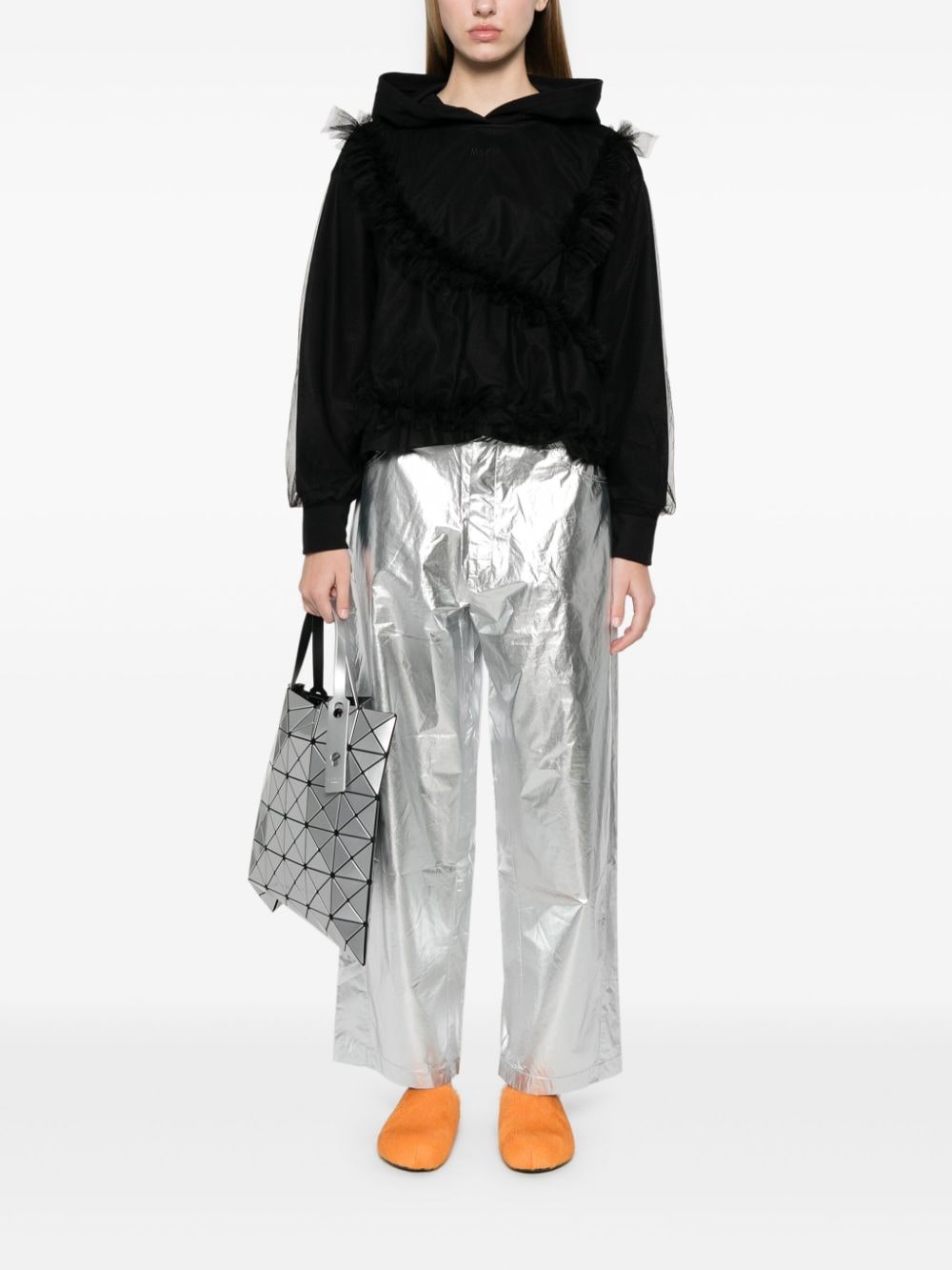 MSGM ruffled tulle-overlay hoodie - Zwart