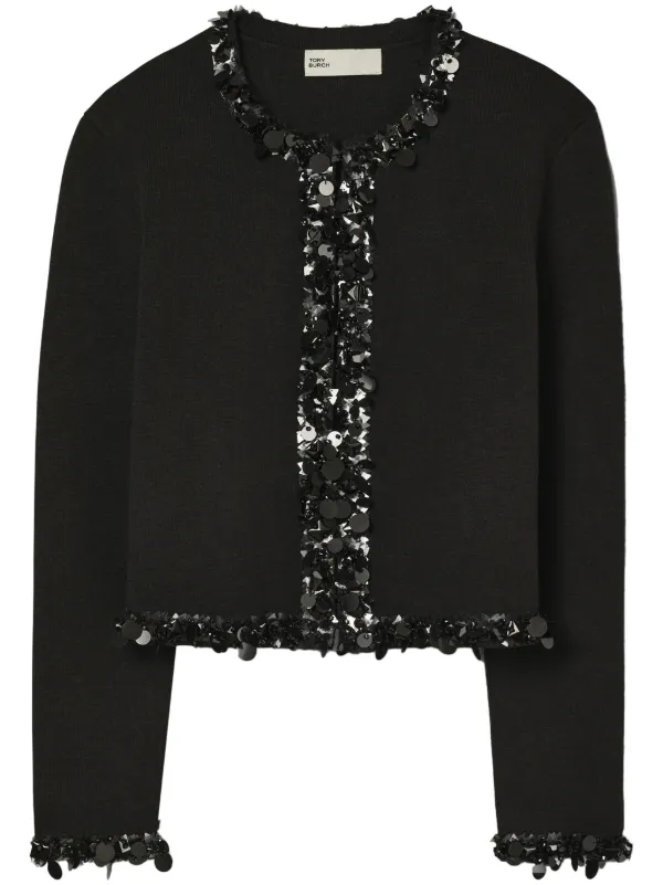 Tory Burch Embellished Cropped Cardigan in Black
