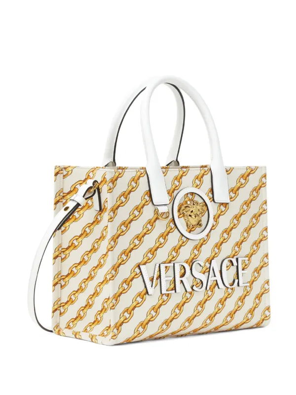 Versace Small Chain Stripes La Medusa Tote Bag | Neutrals