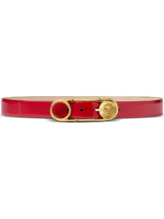 Versace Logo Belt Buckle with Raspberry Leather Belt – Designer Fashion Accessor VERSACE GOLD WINGED MEDUSA BELT BUCKLE RED LEATHER Made In  main image 3