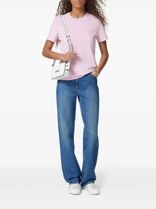 Versace logo-embroidered Fringed T-shirt | Pink | FARFETCH