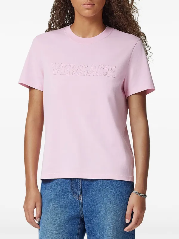Versace logo-embroidered Fringed T-shirt | Pink | FARFETCH