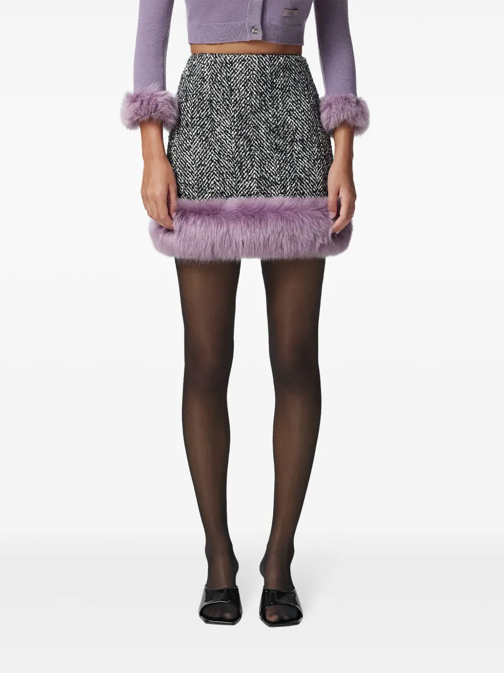 Versace Mini-rok met lammy afwerking en chevron streep Zwart