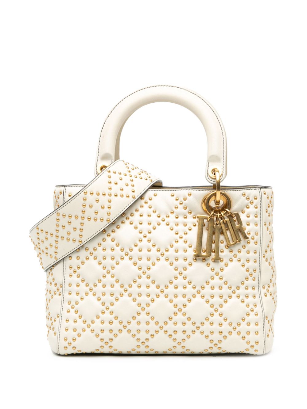 Christian Dior Pre-Owned 2017 Medium Lambskin Cannage Studded Supple Lady Dior satchel - White