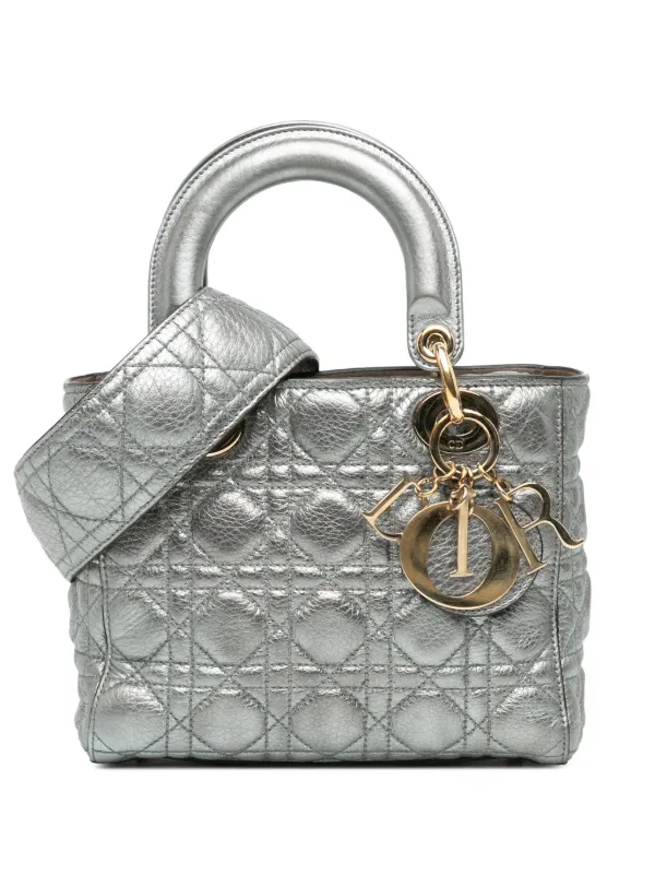 Christian Dior Pre Owned 2017 Kleine Metallic Cannage Supple Lady Dior Satchel Tasche Silber FARFETCH DE