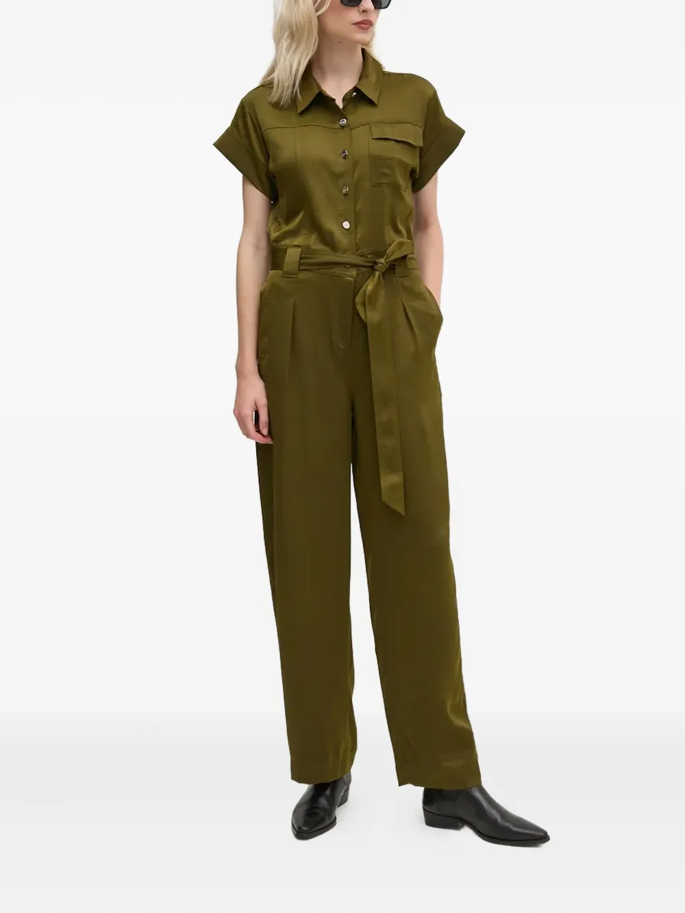 Dkny Belted Collared Jumpsuit In Green