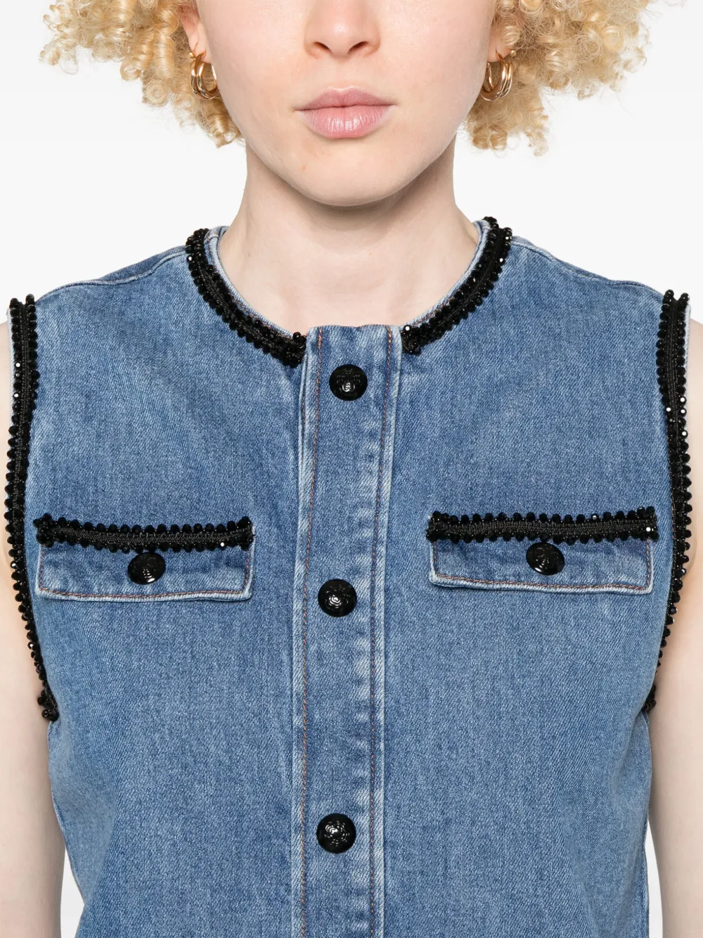 Shop Maje Embroidered-trim Denim Mini Dress