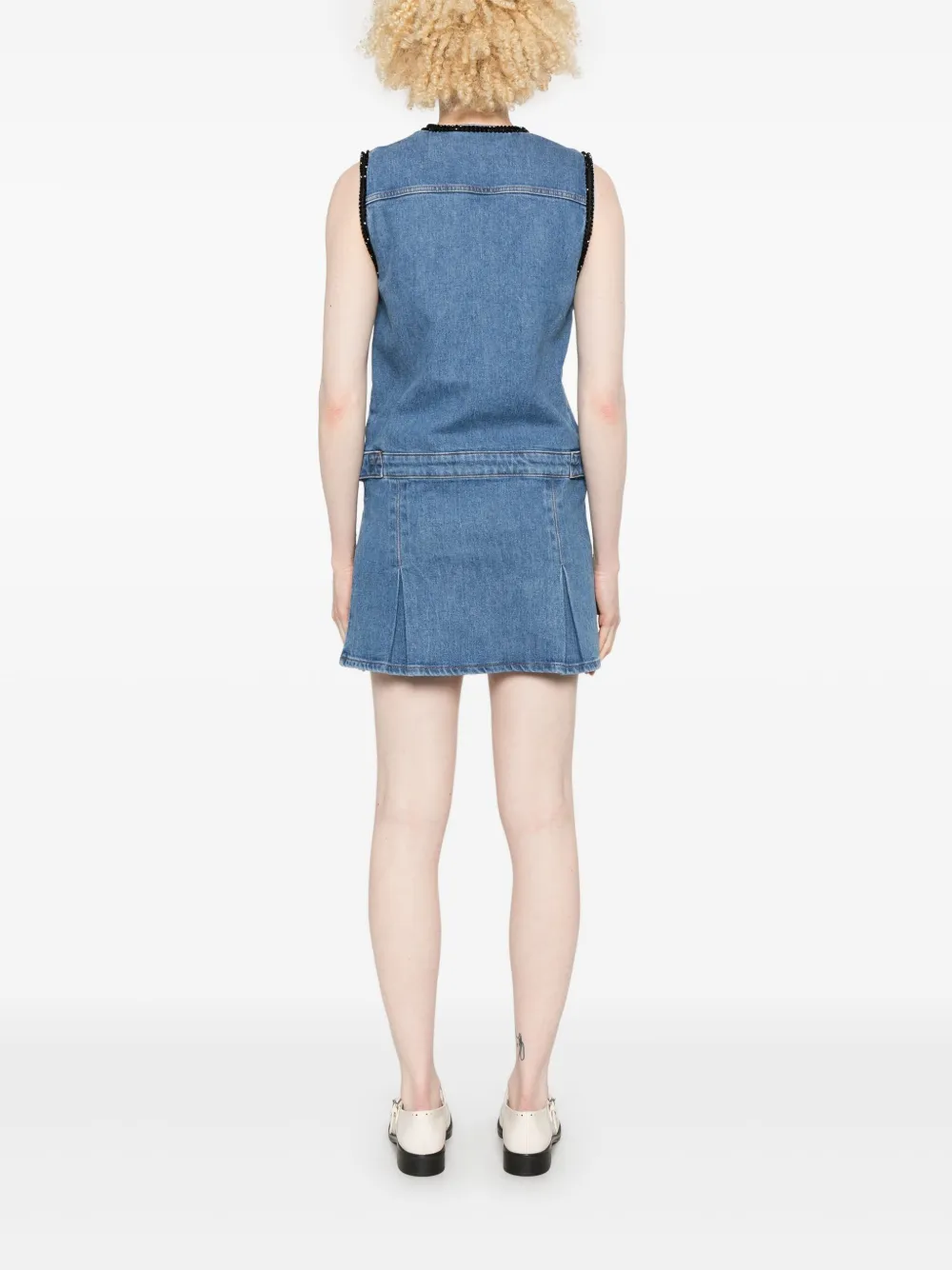 Shop Maje Embroidered-trim Denim Mini Dress