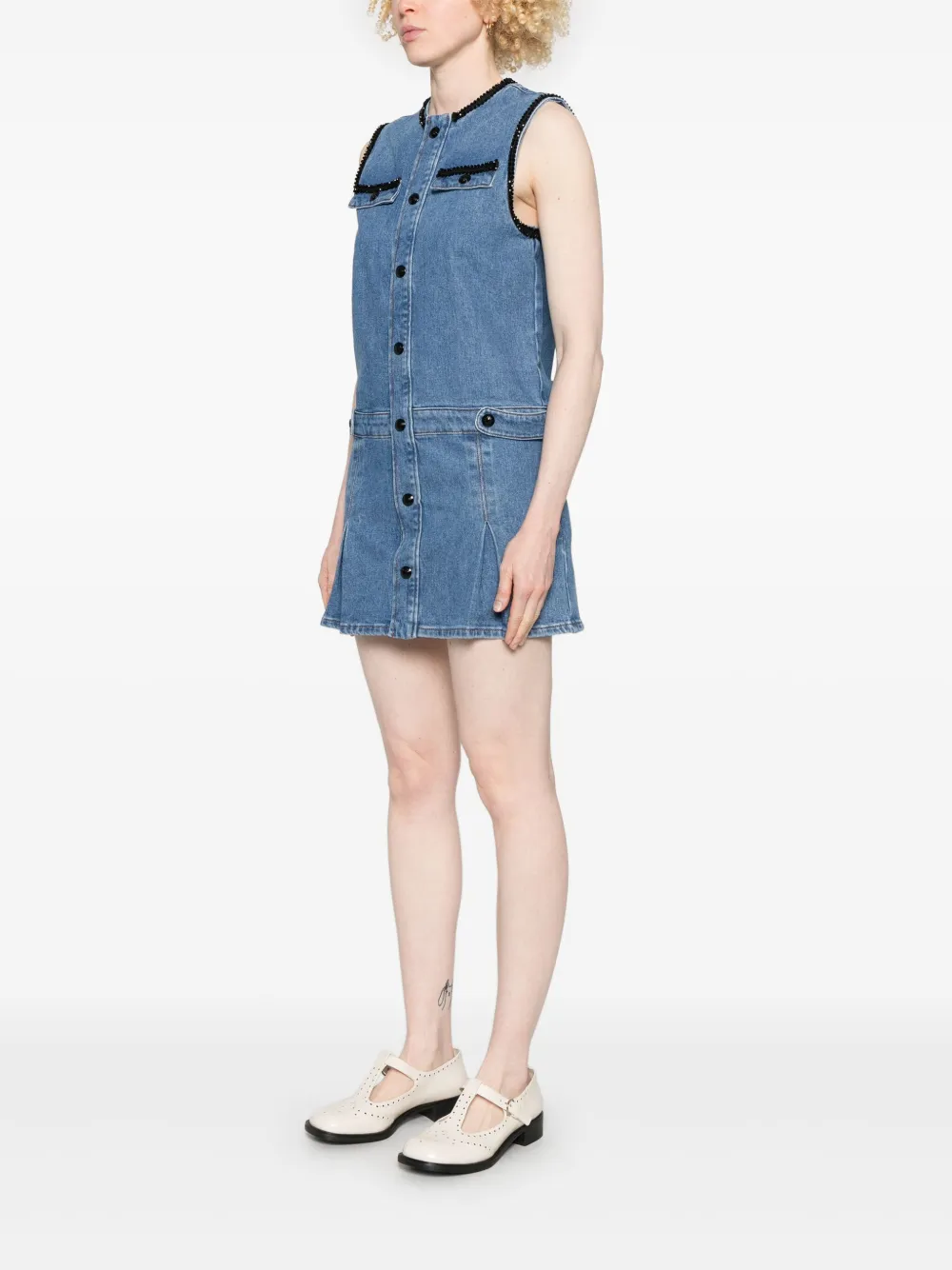 Shop Maje Embroidered-trim Denim Mini Dress