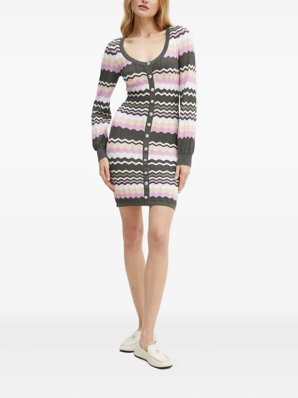 Guess Usa Button Chevron-pattern Midi Dress In Multi