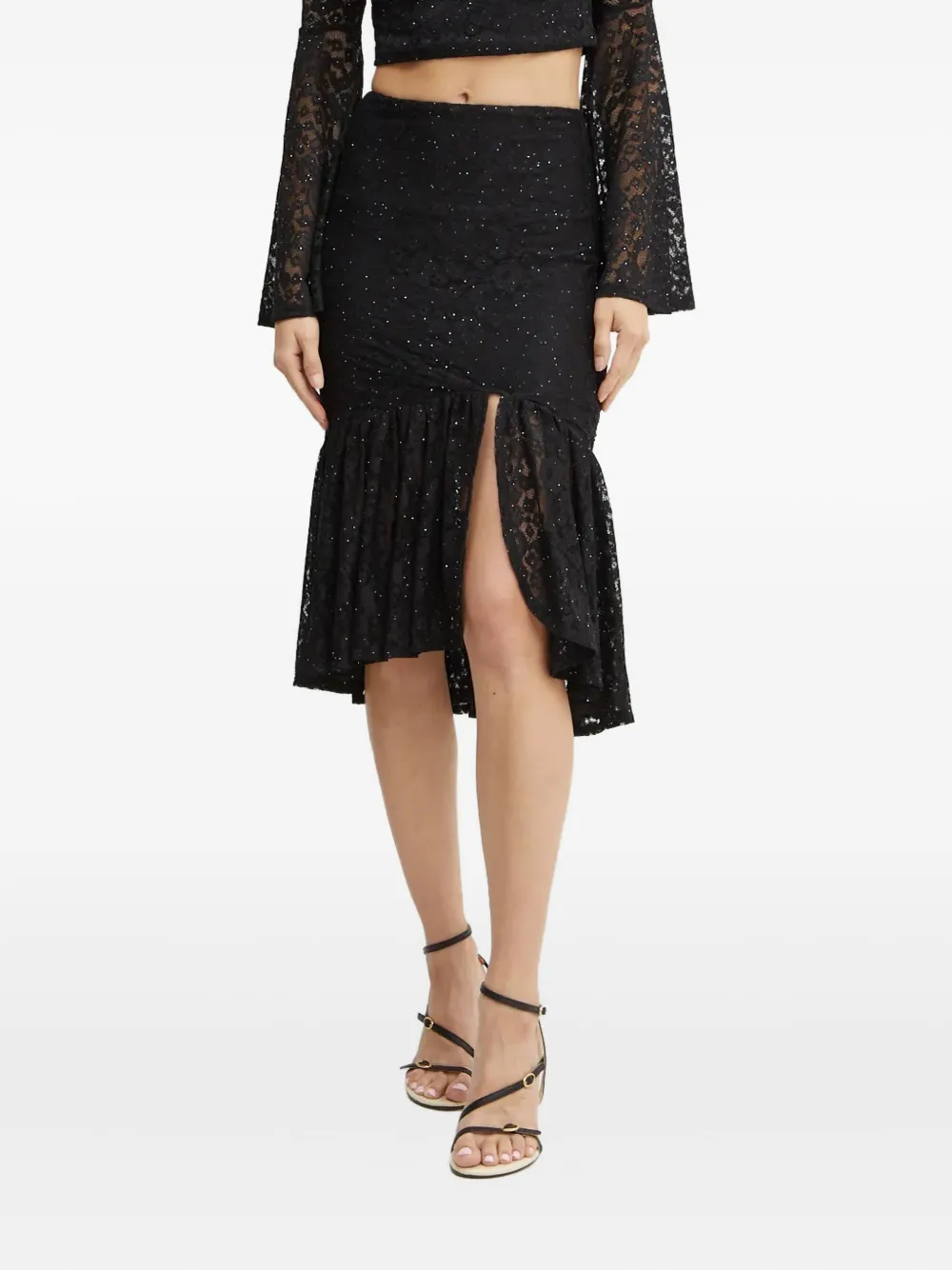 Guess Usa Lace Ruffled Midi Skirt In Black
