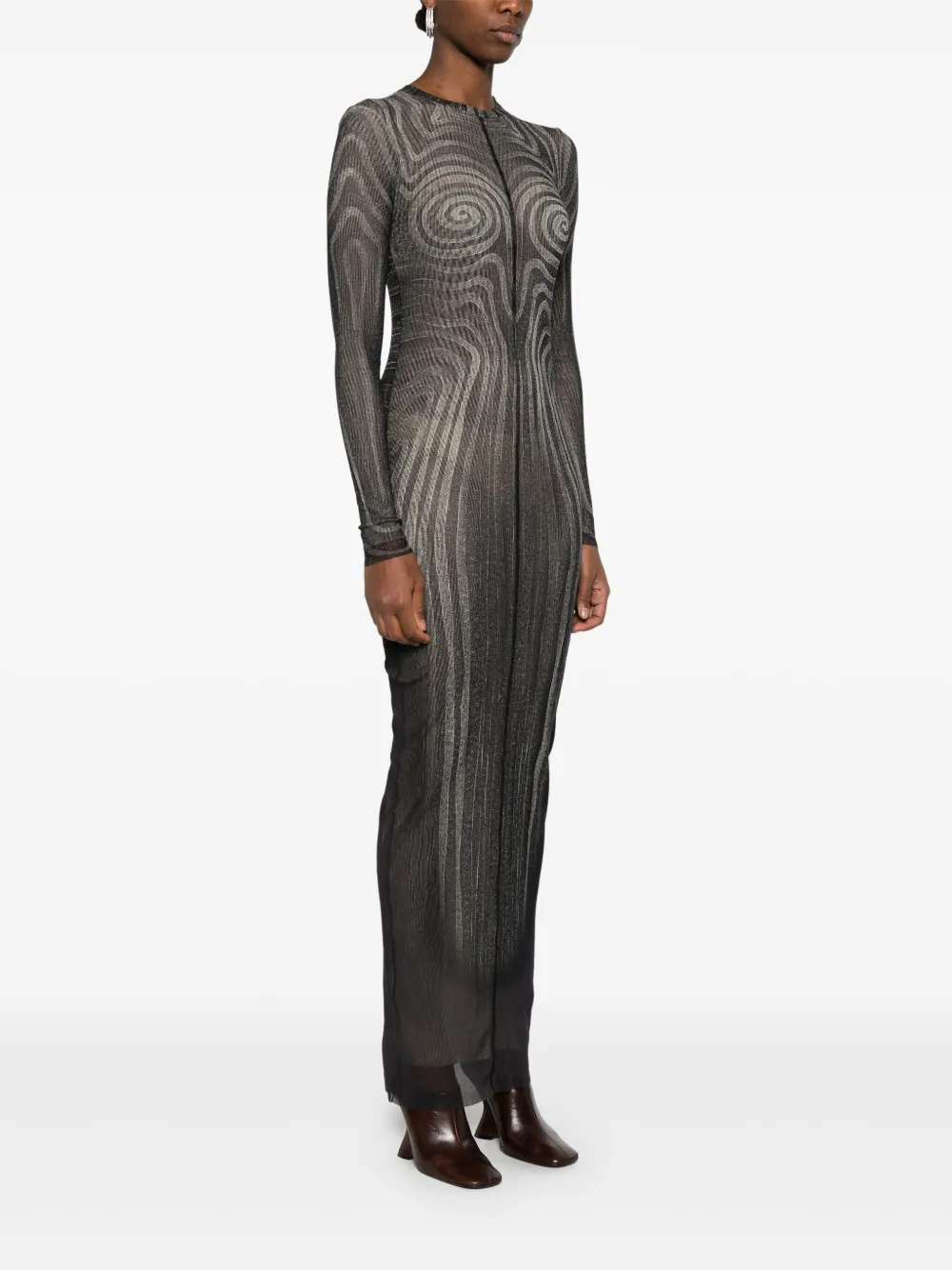 JEAN PAUL GAULTIER SPIRAL-PRINT MESH MAXI DRESS 