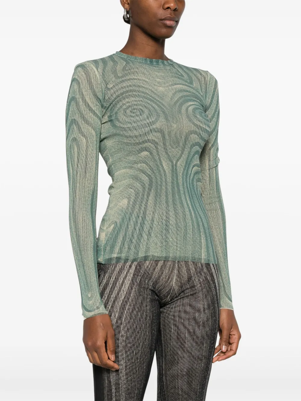 Shop Jean Paul Gaultier Spiral-print Mesh Top In Green