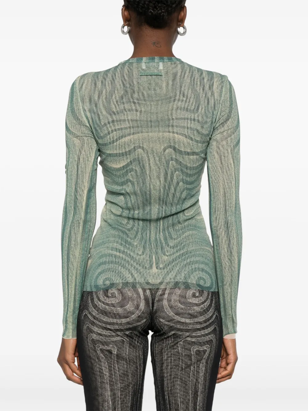 Shop Jean Paul Gaultier Spiral-print Mesh Top In Green