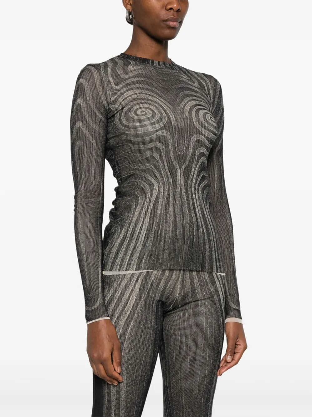 Jean Paul Gaultier Mesh Top With Geometric Pattern And Spiral Print In Black