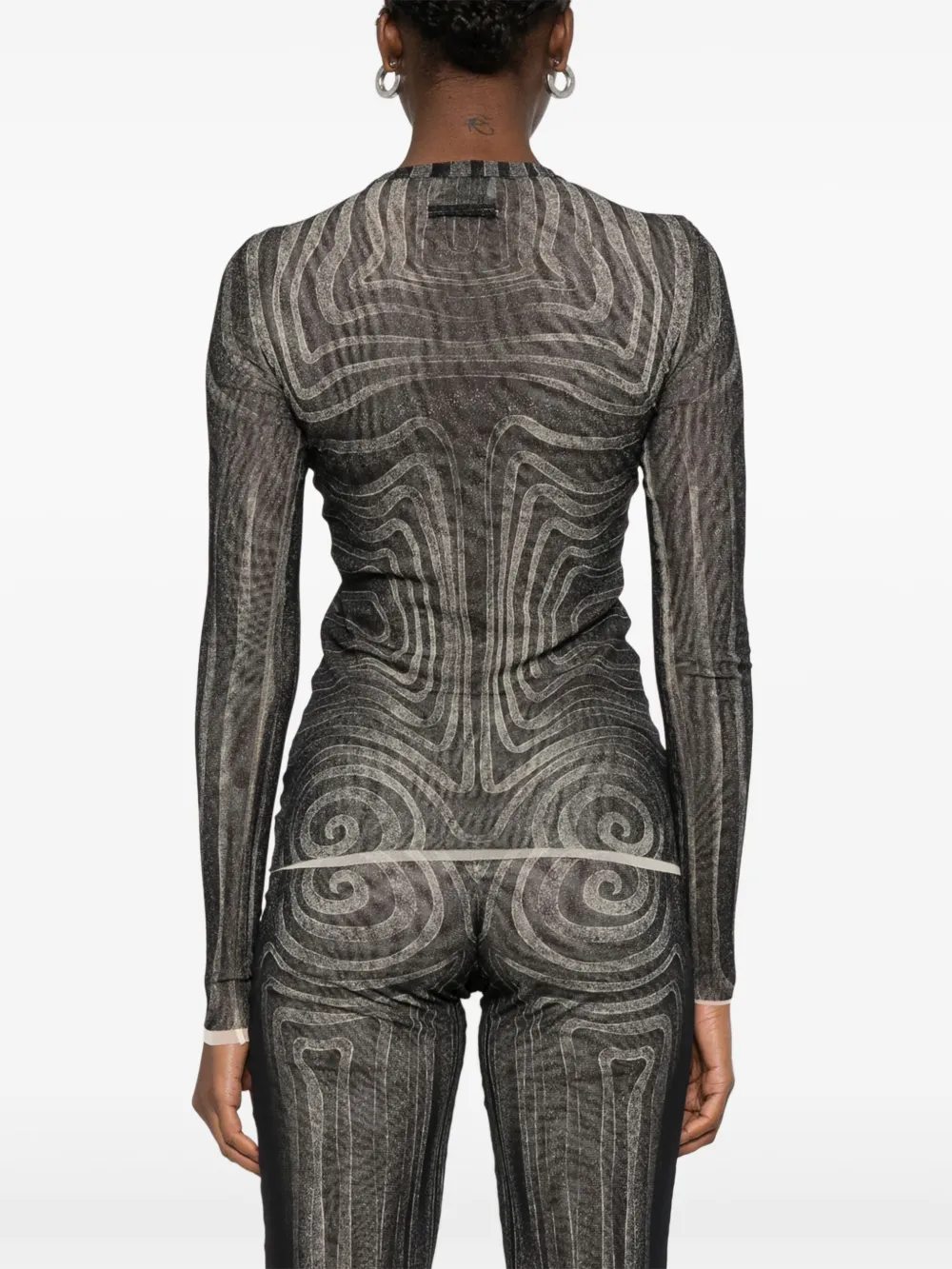 Jean Paul Gaultier Mesh Top With Geometric Pattern And Spiral Print In Black