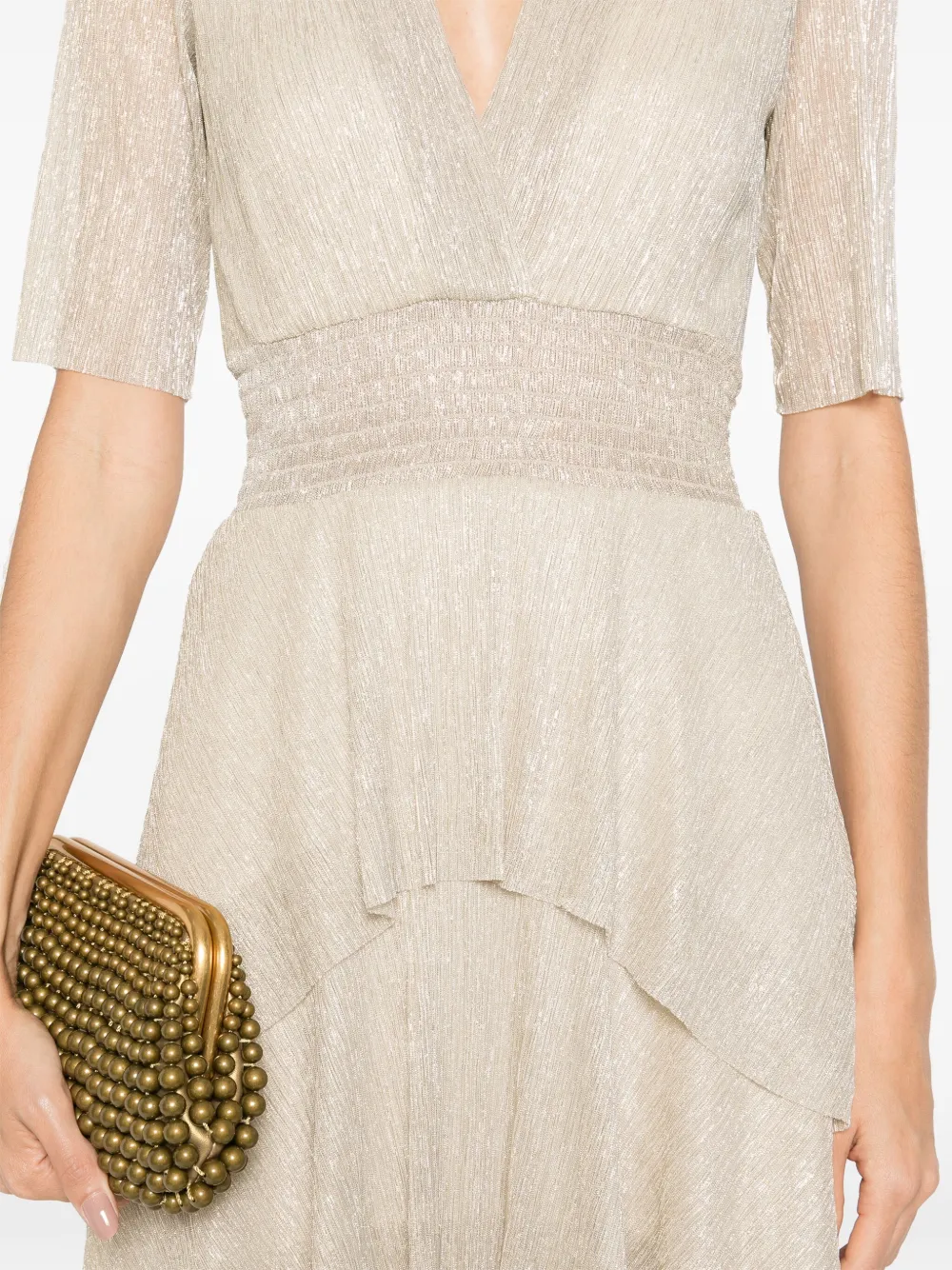 Maje Metallic midi-jurk met ruches Beige