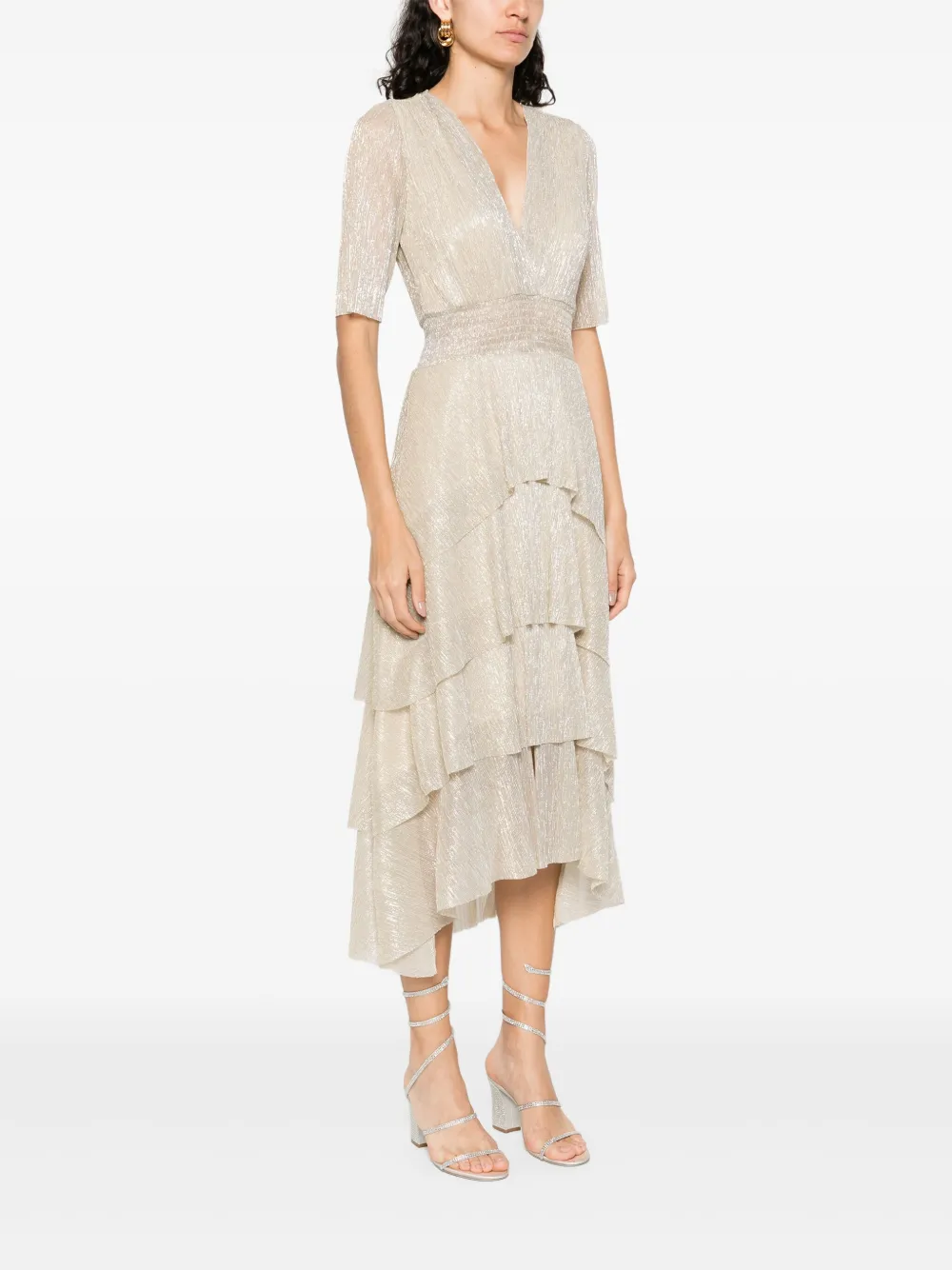 Maje Metallic midi-jurk met ruches Beige