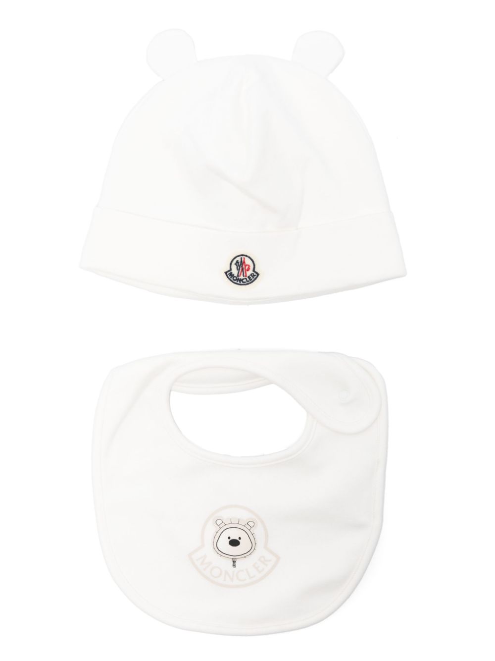 Moncler Enfant bear-motif bib and beanie set Wit