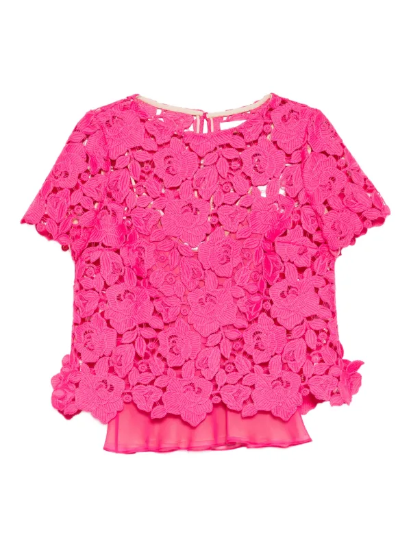 Oscar de la Renta Floral Lace Top in Pink