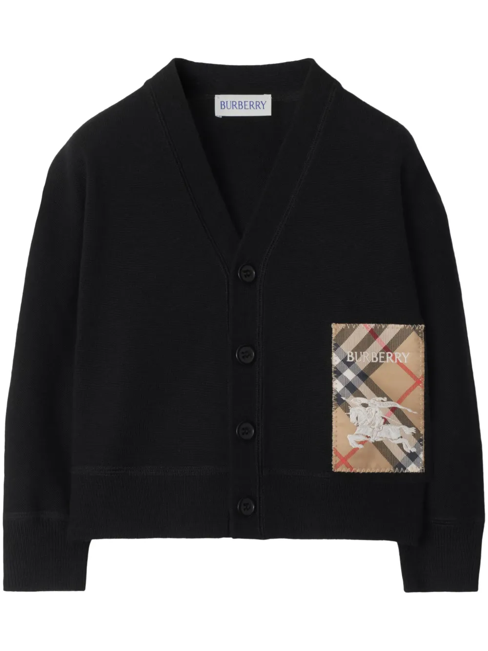BURBERRY CHECK-PRINT LOGO-PATCH WOOL CARDIGAN