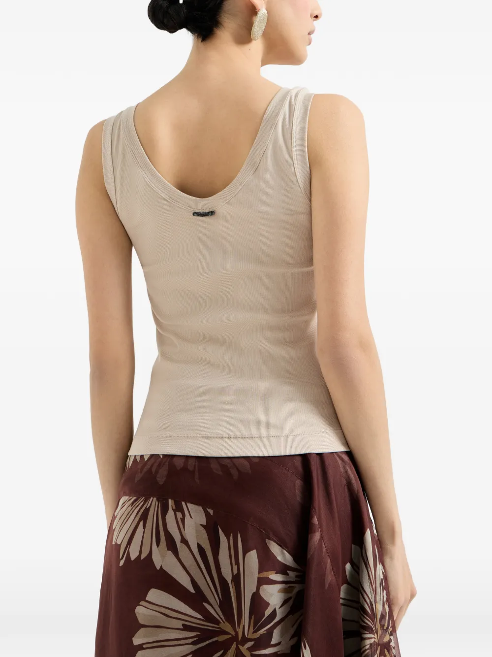 Brunello Cucinelli Stretch katoenen geribbelde jersey top met monili-verfraaiing Beige
