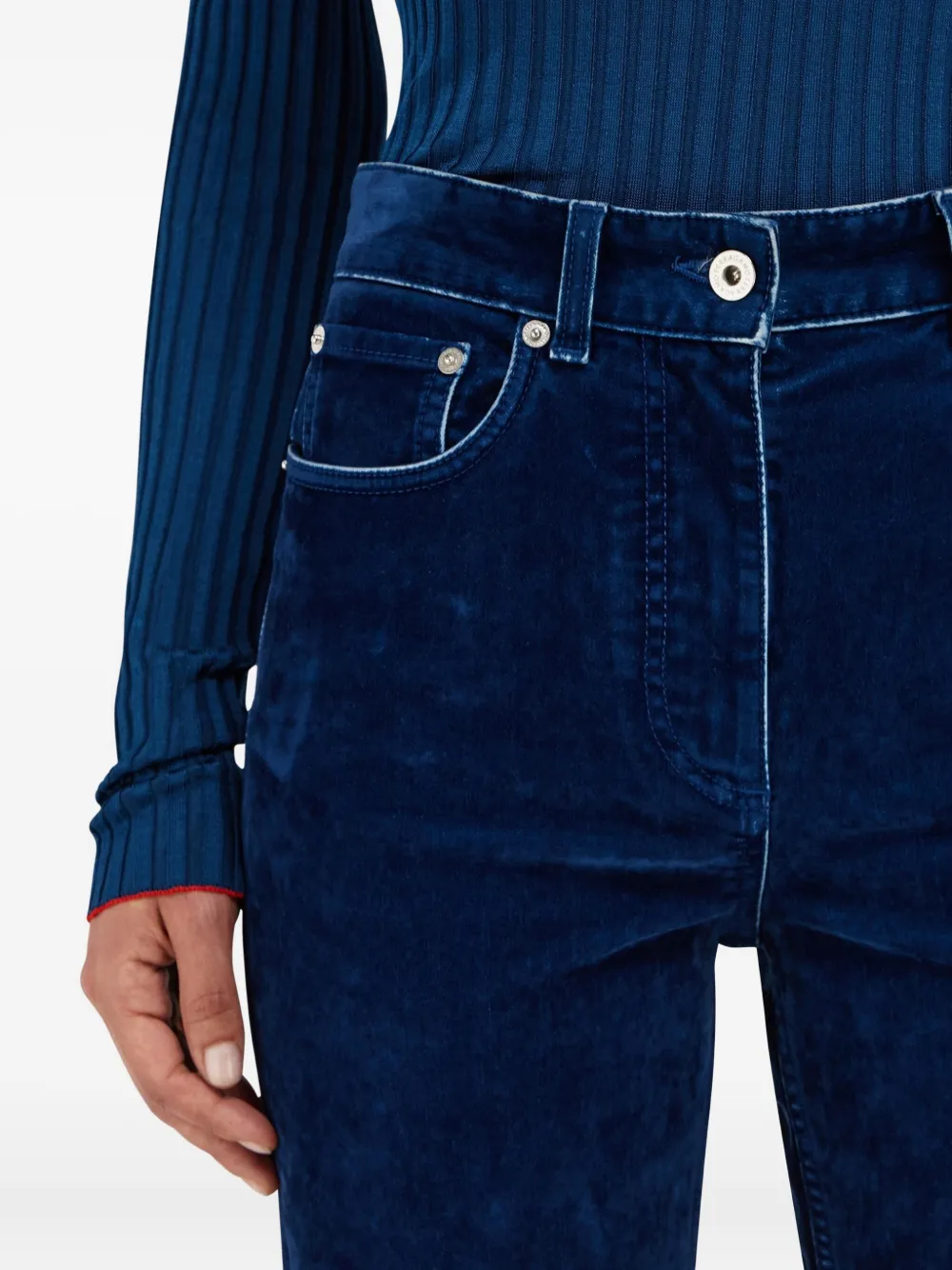 Ferragamo Velvet-texture Straight-leg Trousers In Blue