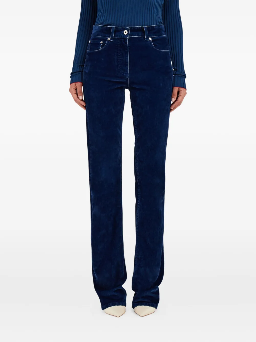Ferragamo Velvet-texture Straight-leg Trousers In Blue