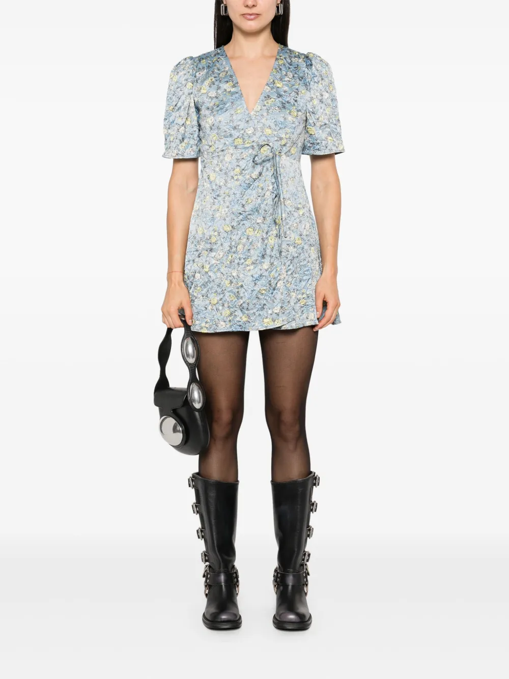 GANNI floral-print crinkled mini dress - Blauw