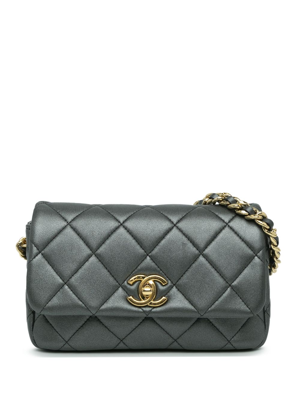 CHANEL Pre-Owned 2021-2024 Quilted Metallic Lambskin Logo Charm Chain Flap crossbody bag WOMEN