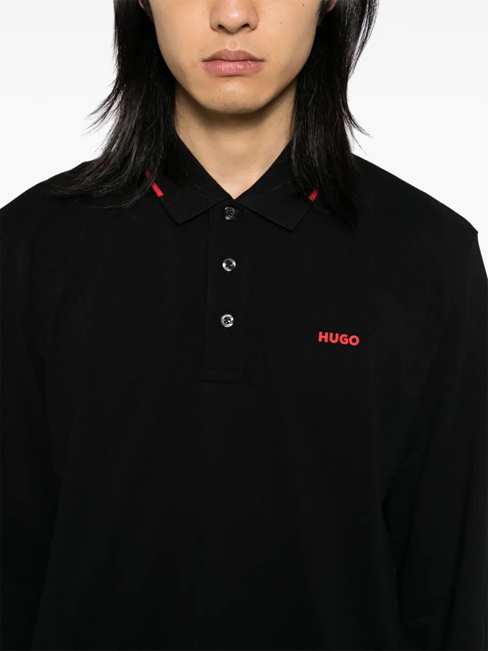 HUGO Poloshirt met logoprint en lange mouwen Zwart