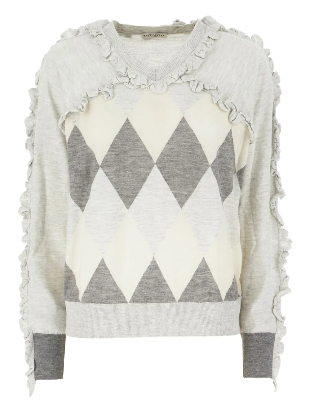 ruffle-trimmed diamond-pattern sweater