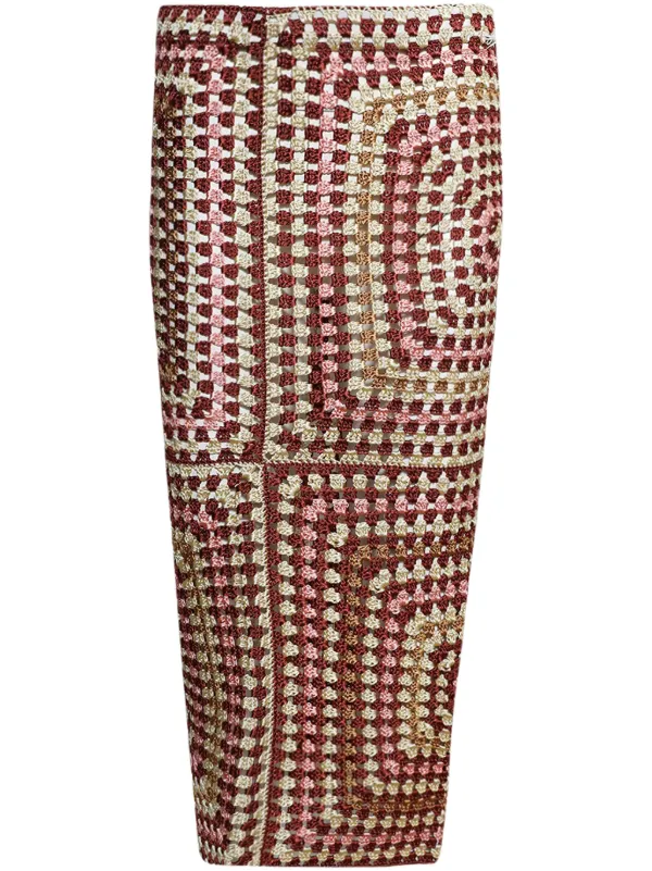 Calle Del Mar Granny Square Midi Skirt in Brown