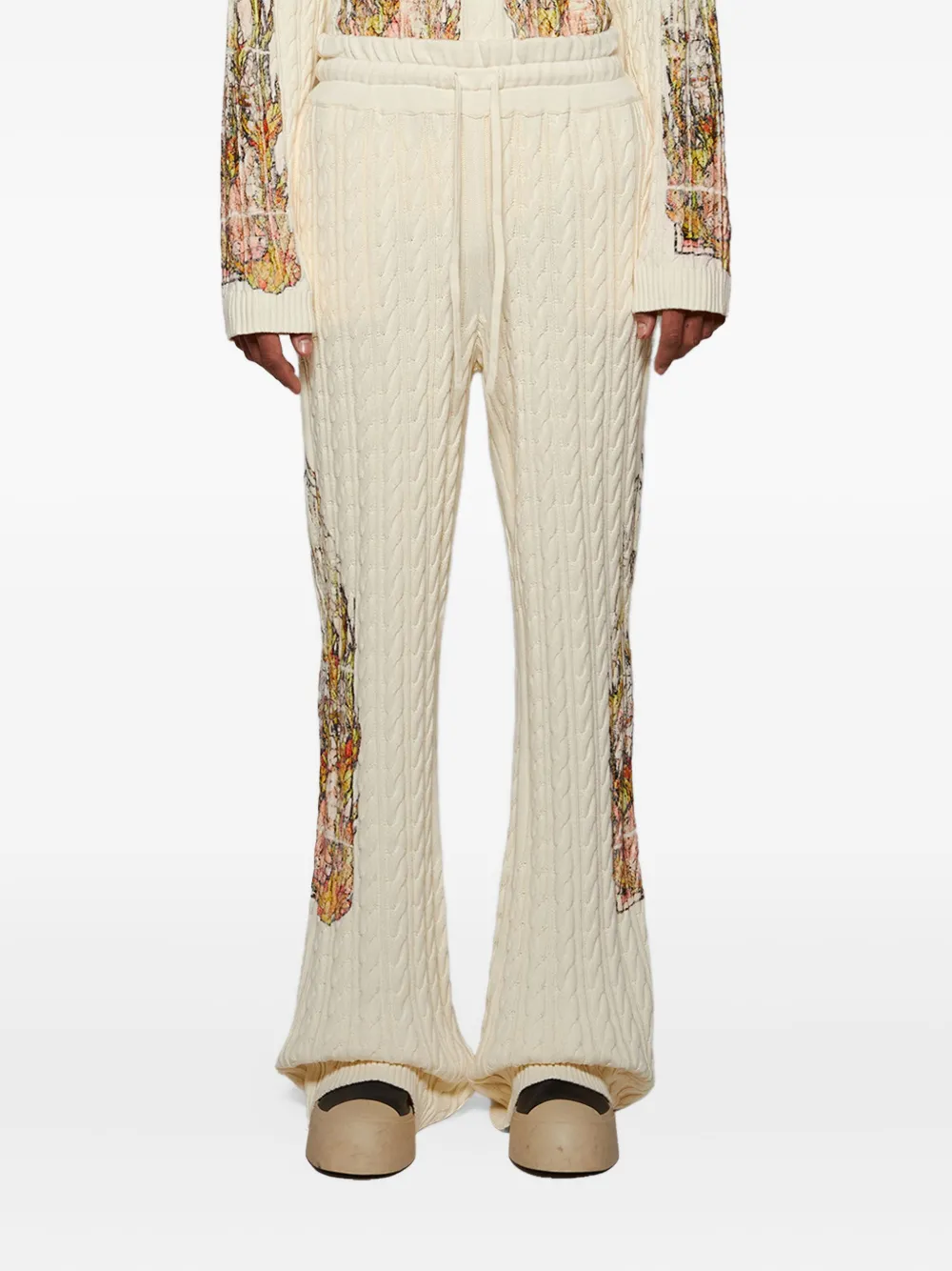 Who Decides War Kabelgebreide broek met geborduurde bloemen Beige