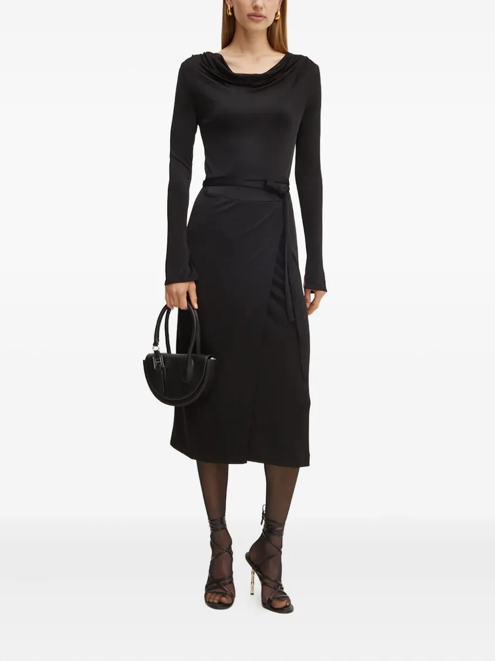 BOSS cowl-neck tie midi dress - Zwart