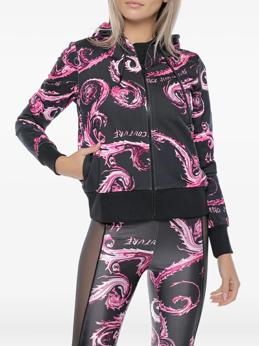 Versace Jeans Couture Patterned Hooded Jacket In Black
