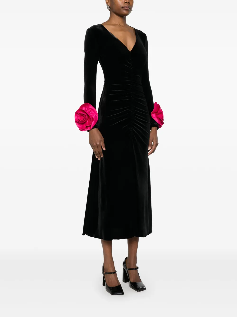 NISSA floral detail Velvet Midi Dress Black FARFETCH UK