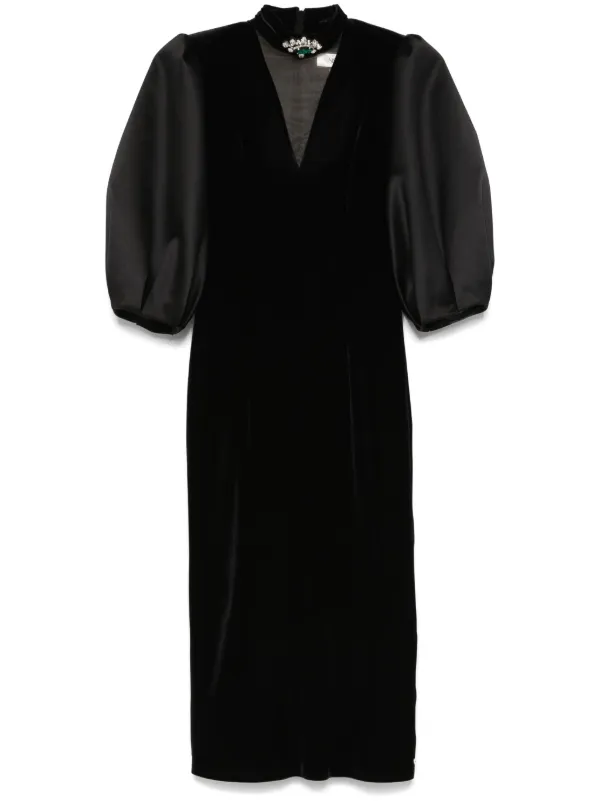 NISSA Velvet puff-sleeve Midi Dress Black FARFETCH IN