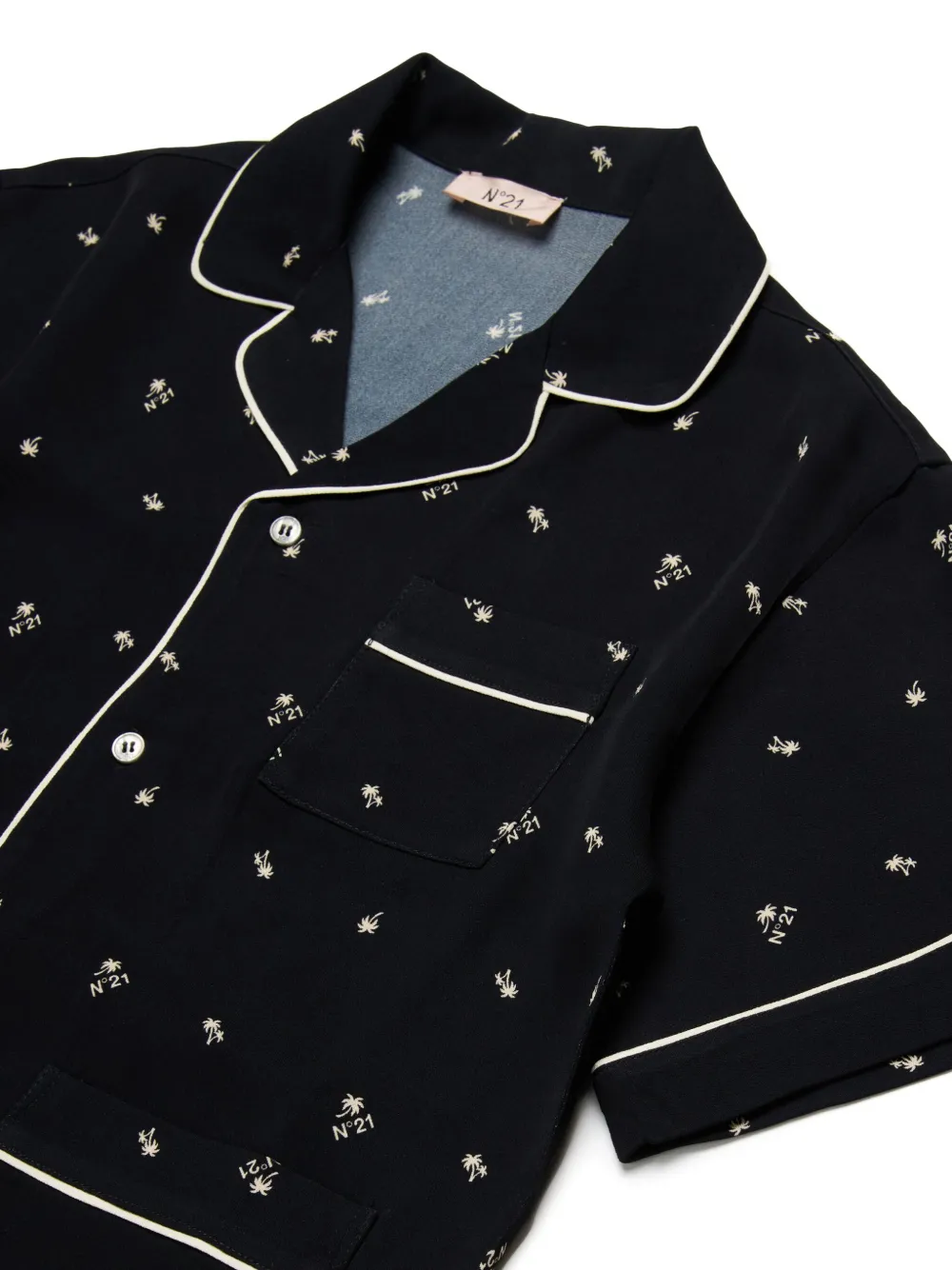 N°21 Camicia Bowling In Crêpe Allover Palms In Black