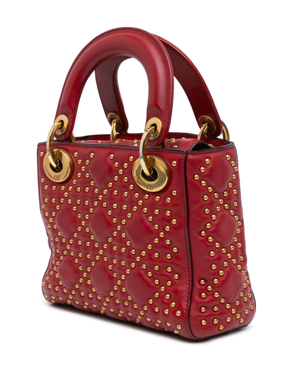 Pre-owned Dior Cannage Studded Supple Lady  迷你小羊皮斜挎包（2017年典藏款） In Red