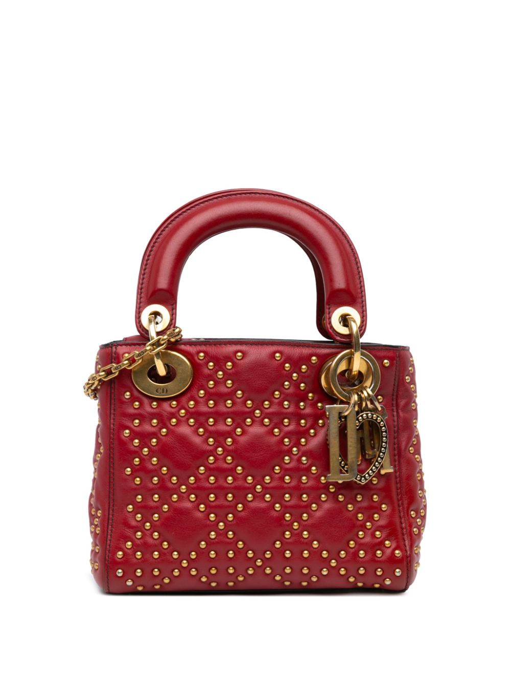 Pre-owned Dior Cannage Studded Supple Lady  迷你小羊皮斜挎包（2017年典藏款） In Red