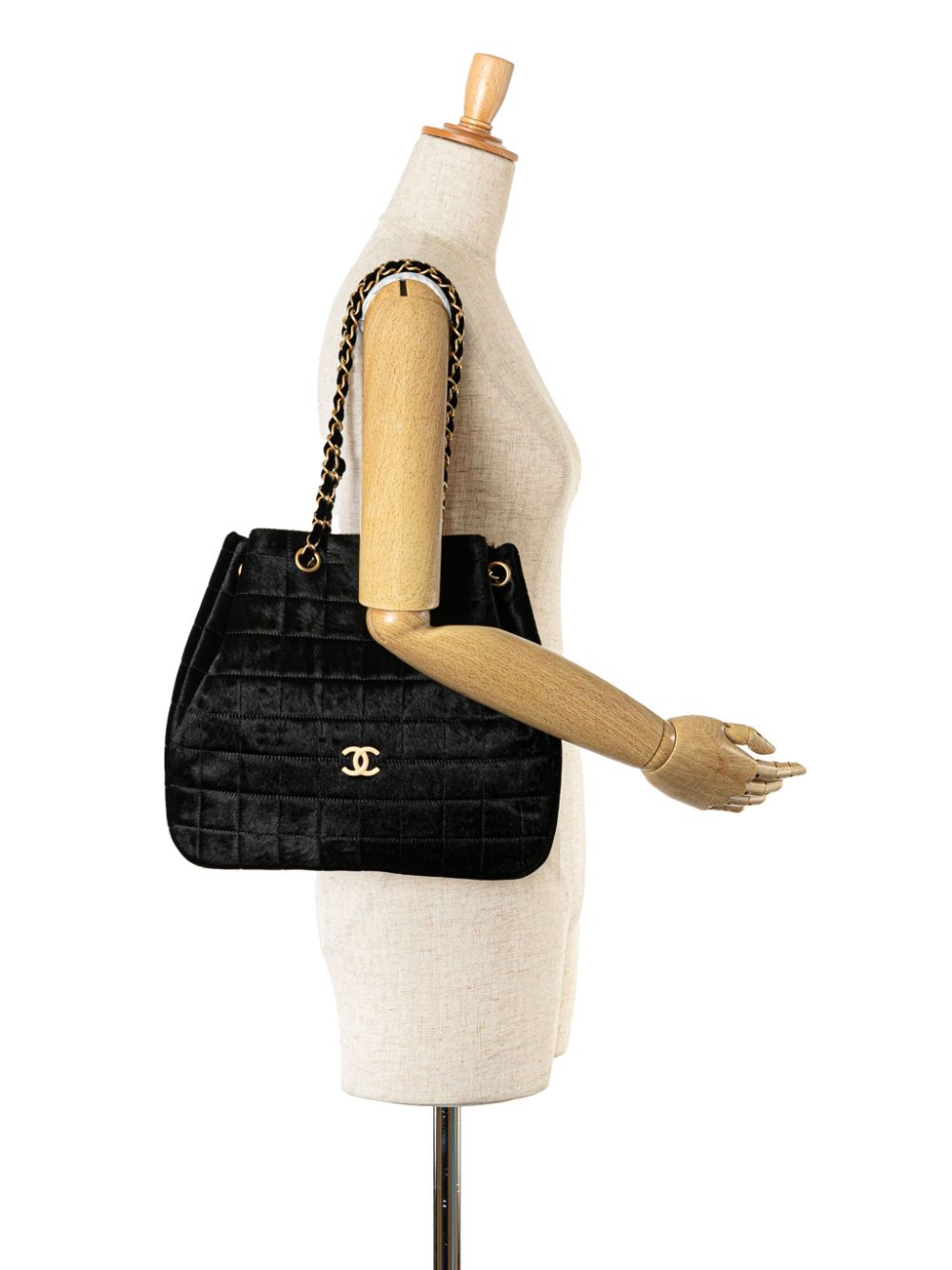 CHANEL 2000-2002 Quilted Pony Hair and Velour Chocolate Bar Drawstring tote bag Women