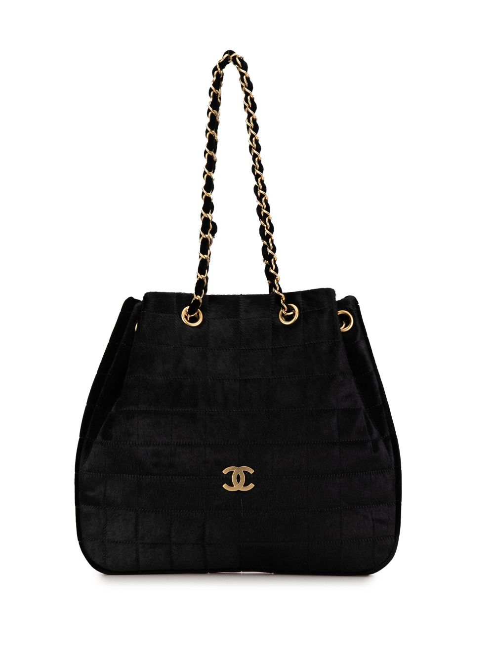 CHANEL 2000-2002 Quilted Pony Hair and Velour Chocolate Bar Drawstring tote bag Women