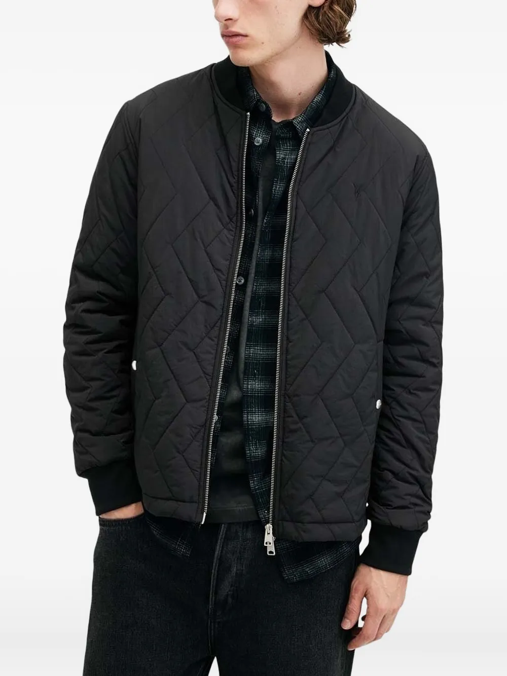 Allsaints Tyk Diamond-quilted Bomber Jacket In Gray
